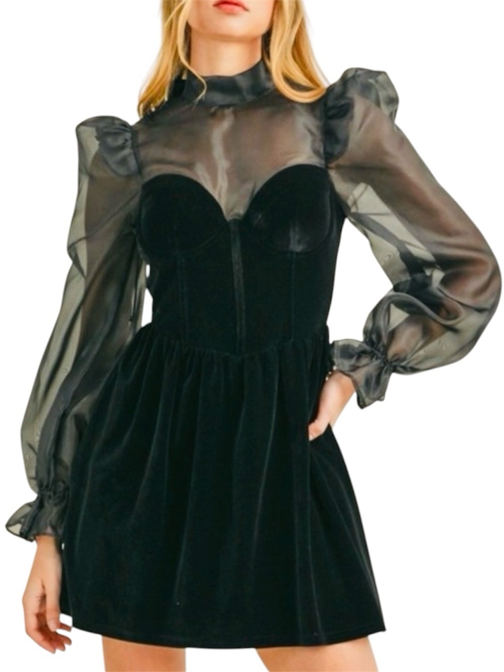 B. DARLIN ORGANZA PUFF SLEEVE VELVET DRESS